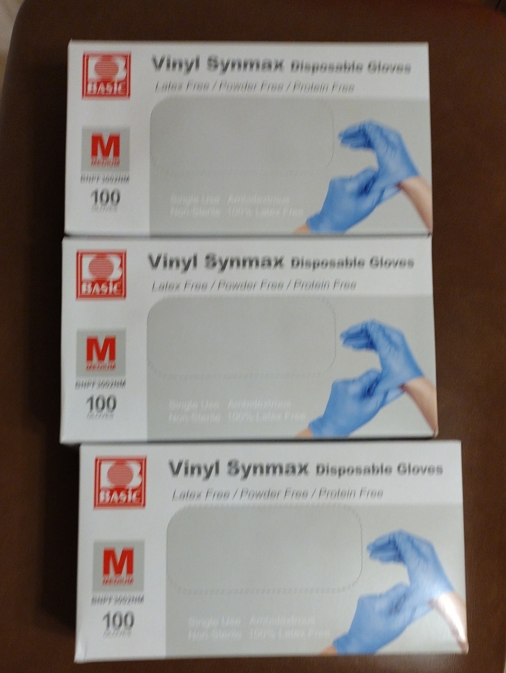 Lot 3 Basic Vinyl Synmax disposable Gloves size medium 7 1/2-8" 100% latex free